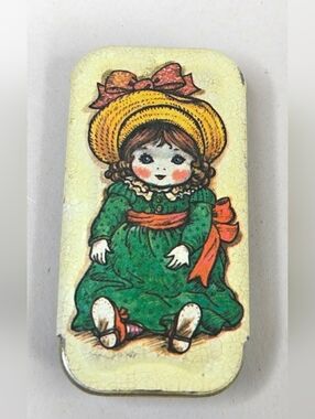 Vintage Potpourri Press Tin Slide Pill Trinket Box Victorian Handpainted Doll